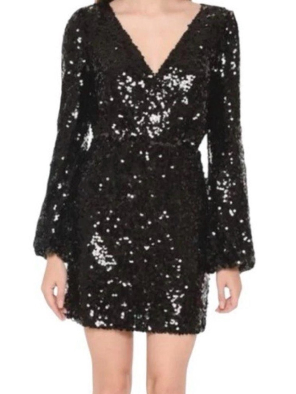 Wayf Black Sequin V-Neck Long Sleeve Mini Dress